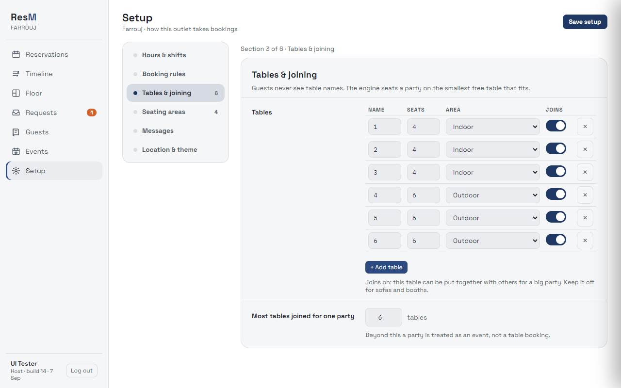 Setup: tables, seats, areas and which tables may join